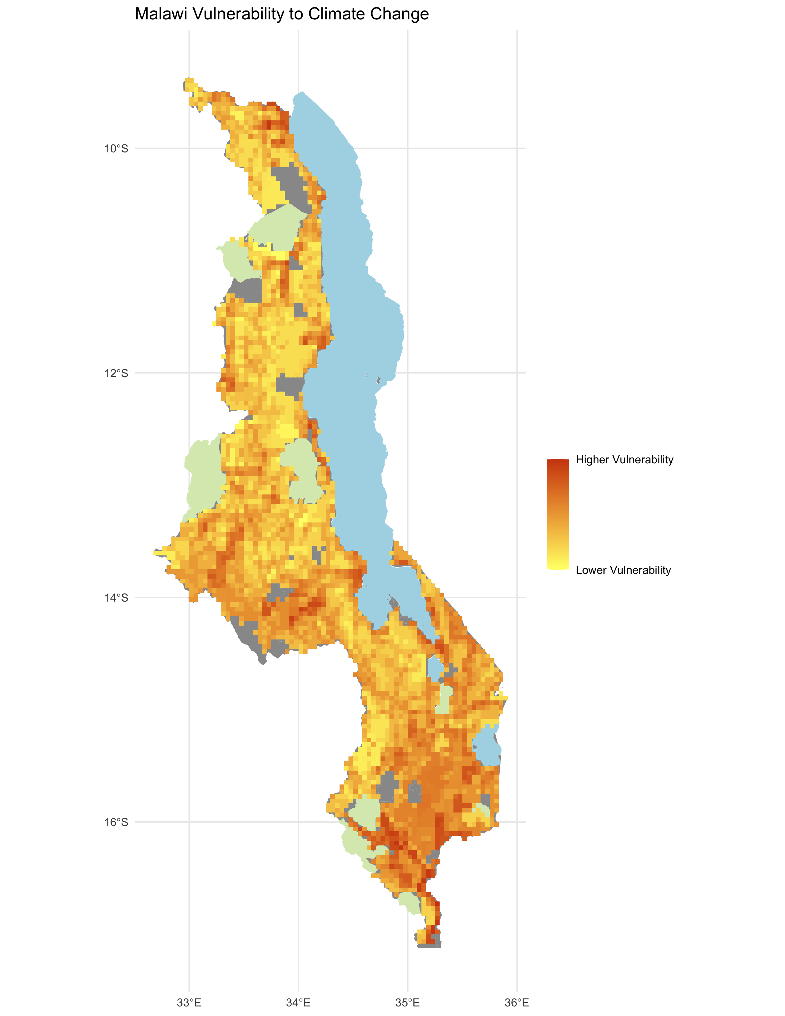 map of vulnerability in Malawi, analagous to figure 5 of the original study